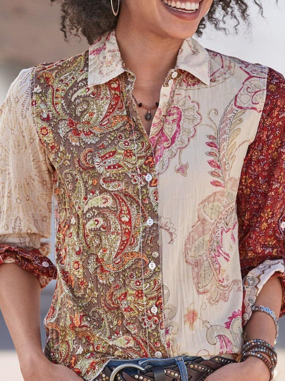 CINO women's long-sleeve roll-tab button-down shirt multicolor paisley M